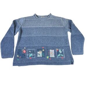 Vintage Koret City Blues Womens Blue Embroidered Patchwork Sweater Cottagecore M
